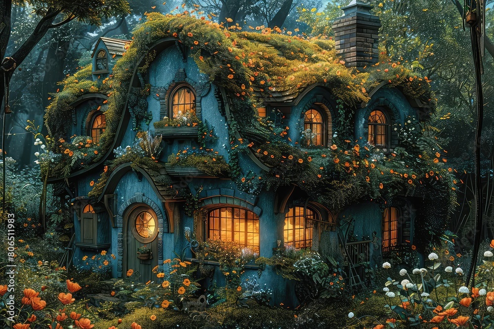 Obraz premium Generate a digital painting of a small cottage in the middle of a dense forest