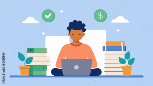 An illustration of a person sitting at a desk surrounded by money piles and a laptop with the message Working Towards Mental Health Resources for. Vector illustration