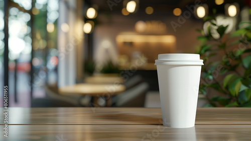realistic white mockup of paper cup with lid on a restaurant