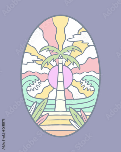 The waves and coconut tree in summer vibes vector artwork for print © fiqqiFaqiih