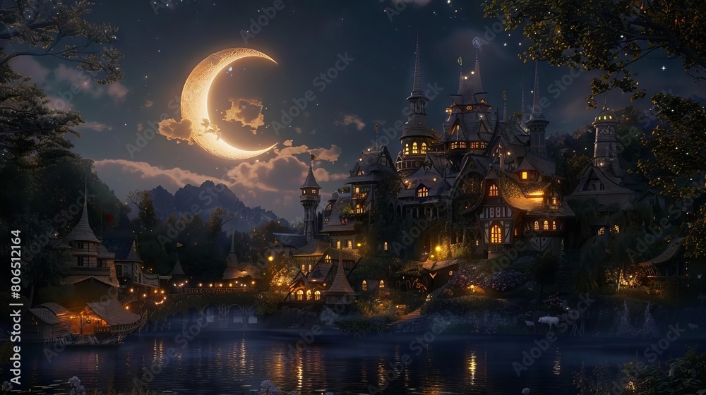 Fototapeta premium A crescent moon hovering over a fairy village, providing gentle light as fairies go about their evening