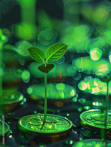 Seedlings sprouting on coins, embodying investment in green business and sustainable development