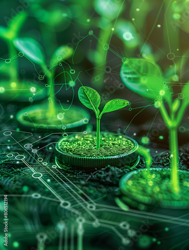 Seedlings sprouting on coins, embodying investment in green business and sustainable development