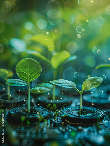 Seedlings sprouting on coins, embodying investment in green business and sustainable development