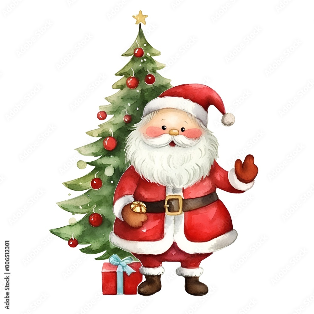 Watercolor illustration of Santa Claus and Christmas tree isolated on white background