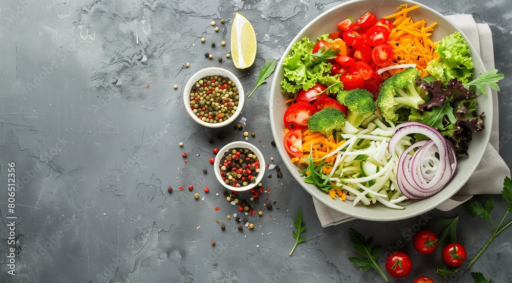 food photography of an artistically arranged bowl with colorful vegetables and grain based dressing on top of a grey concrete table