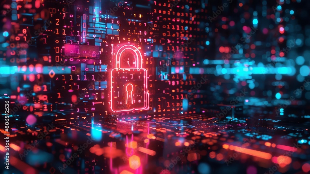 A digital art scene where a neonlit key is unlocking a digital padlock made of binary code A digital art scene where a neonlit key is unlocking a digital padlock made of binary code