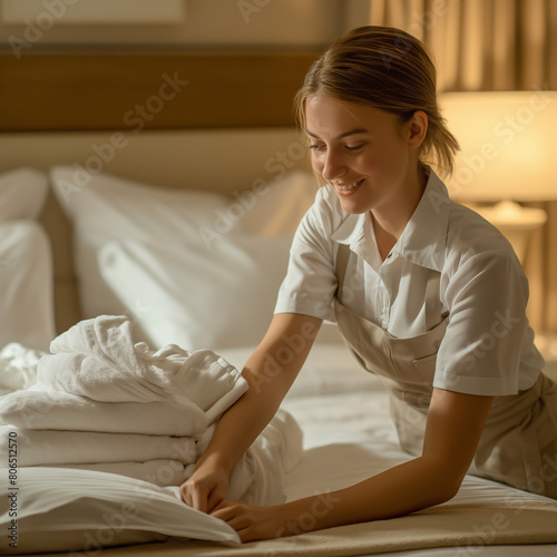 Picture of hotel housekeeper arranging bedding Cleaning in the room