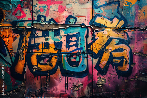 grafitti textured wall. colorful. graffiti wall. japanese writings.