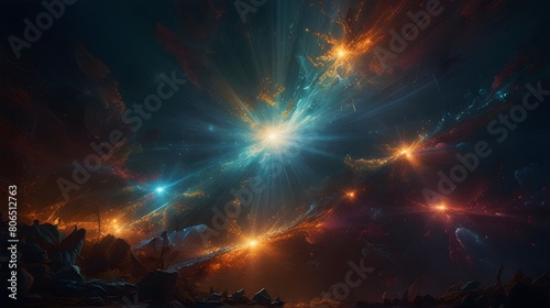 The beauty of the universe, the splendor among the galaxies. Surreal atmosphere, nebula purple, starlight enhance.