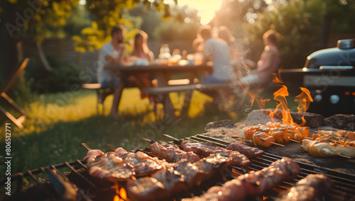 close up view of barbecued meat on table with people at house garden  in background with blur effect , summer bbq party, food, happy vacation, happiness,sunlight ,Backyard, family gathering, freinds  photo