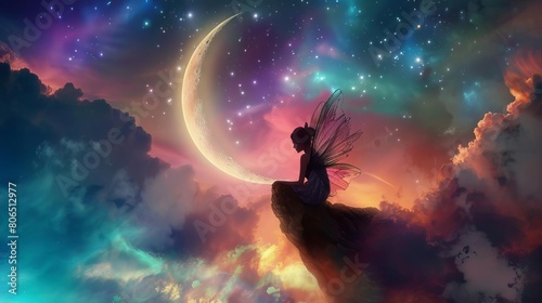 A fairy sitting on the edge of a crescent moon, painting the sky with glowing auroralike colors
