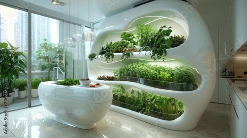 The description for the image is:..The image shows a modern kitchen with a large indoor garden photo