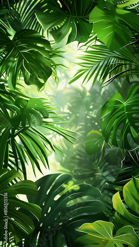 Tropical green leaves create a lush and vibrant background