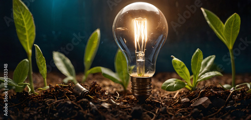 A light bulb glowing with coins and a plant growing on the ground  financial growth concept