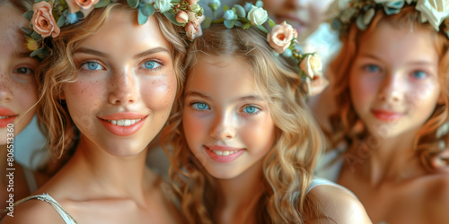 A group of young girls are wearing flower crowns and smiling for the camera