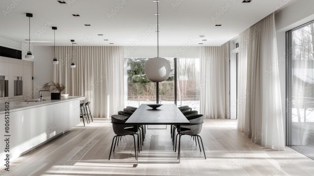 The photo shows a modern dining room with a large table, comfortable chairs, and a stylish light fixture The photo shows a modern dining room with a large table, comfortable chairs, and a stylish light fixture