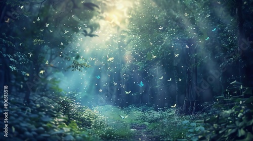 A forest clearing bathed in moonlight, with feathers glowing in the underbrush like magical fireflies photo