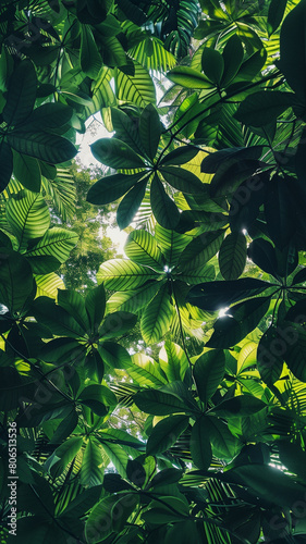 Tropical green leaves create a lush and vibrant background