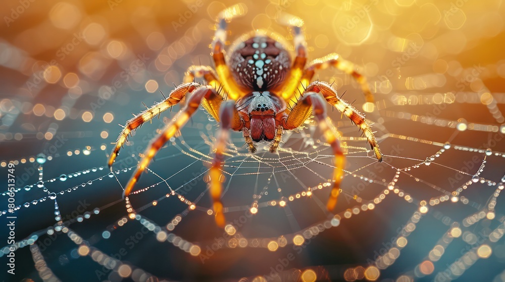 Obraz premium Detailed shot of a spider in its web at dawn, with dewdrops highlighting the web's intricate patterns.
