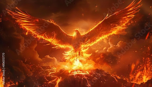 A majestic phoenix emerging from the heart of a volcano, wings spreading wide as lava flows around it