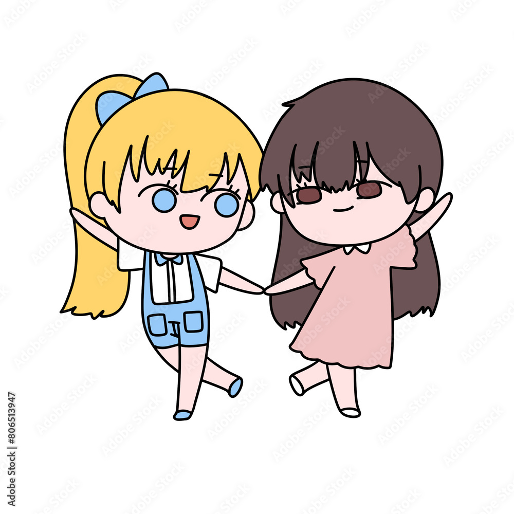 Two cartoon girls are holding hands and smiling Two cartoon girls are holding hands and smiling