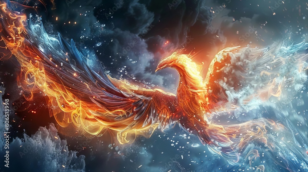 A mythical phoenix made entirely of swirling water and steam, burning brightly at its core A mythical phoenix made entirely of swirling water and steam, burning brightly at its core