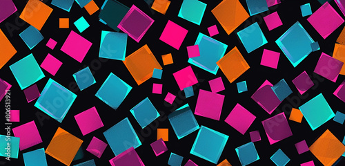 Overlapping squares in magenta  turquoise  and tangerine on a black background.