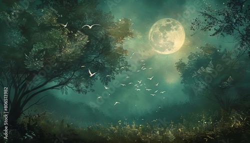 A mystical landscape where a forest is illuminated by the moon  with feathers drifting in the breeze