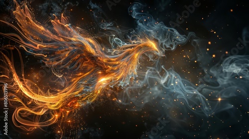 A mythical phoenix made entirely of swirling water and steam  burning brightly at its core