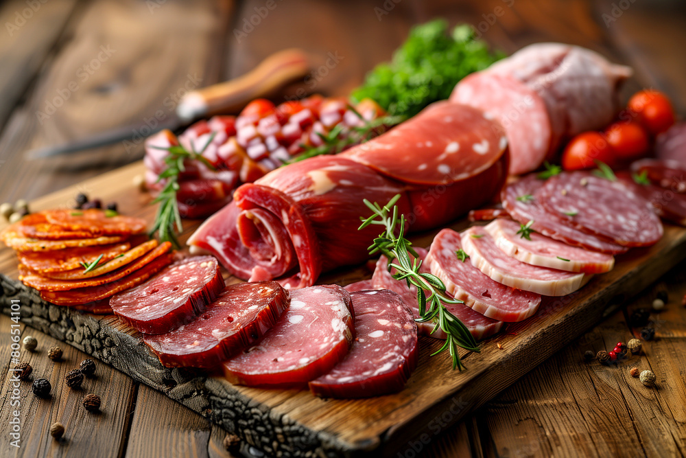 A variety of meats and vegetables are displayed on a wooden cutting board