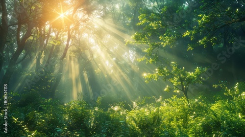 Lush green forest with morning sunlight filtering through the trees  providing a serene and refreshing backdrop for environmental themes.  