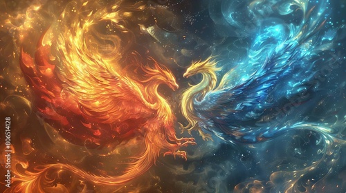 A phoenix and a dragon entwined in a fiery dance  their flames blending and swirling together