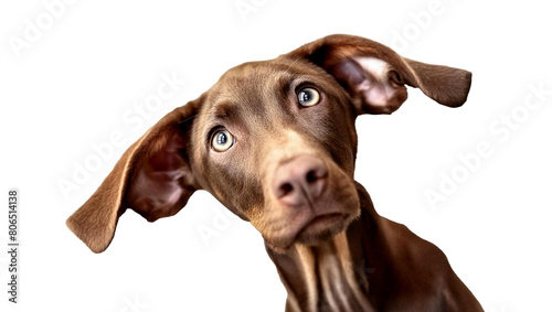 Brown dog is looking straight ahead having perked up at an angle. Playful pet.