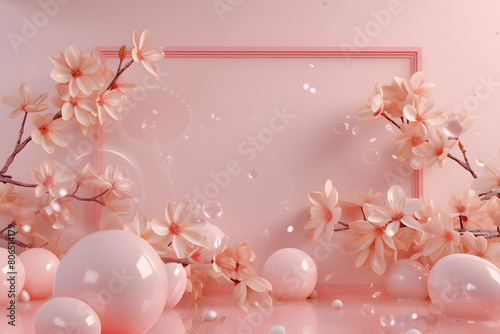 Elegant Pink Blossoms and Frame on Pastel Background