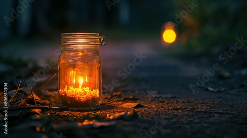 A glass jar with a light inside sitting on the ground © Alicia