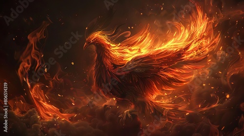 A phoenix made entirely of embers and ash, glowing softly in the darkness, regenerating itself