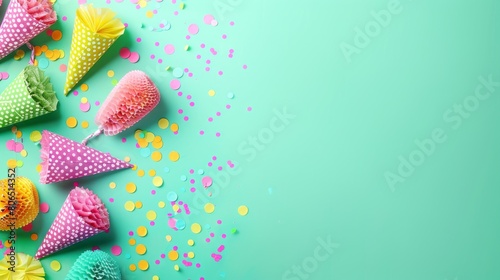 Colorful party hats and confetti on a green background. Top view. Flat lay. photo