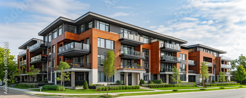 Amidst ample green spaces, a newly developed suburban apartment complex boasts spacious units, fostering outdoor activities and community engagement.