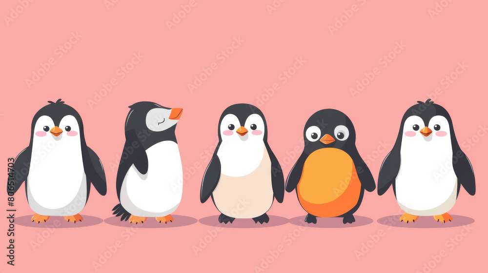 Obraz premium A charming illustration of five cartoon penguins standing in a row on a soft pink background.