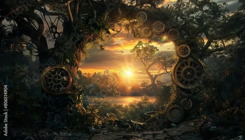 A surreal forest where trees grow gears instead of fruit, with the sun setting behind a giant clock face