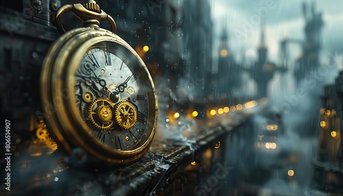 A surreal image of a giant gear emerging from the face of a pocket watch, connecting time with machinery photo