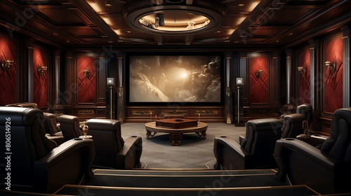 A sophisticated home theater with plush reclining seats, a big screen, and surround sound