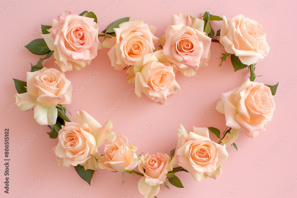 Pastel Pink Roses Arranged in a Heart Shape on Pink Background