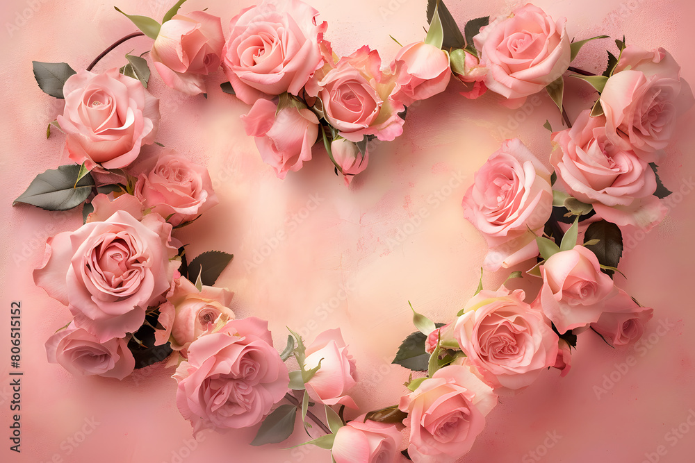 Pastel Pink Roses Arranged in a Heart Shape on Pink Background