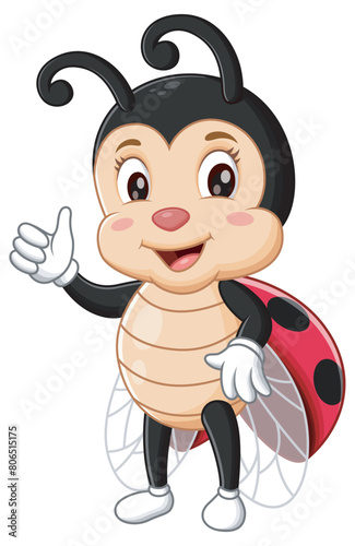 Cute Ladybug Cartoon Give a Thumb Up. Animal Nature Icon Concept Isolated Premium Vector. Vector Illustration