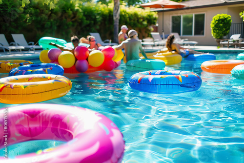 Summer pool party with people and colorful floats