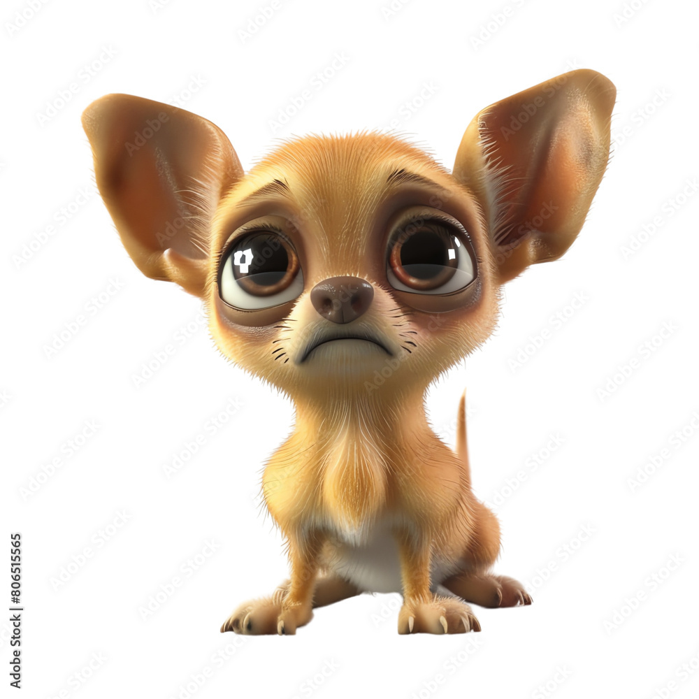 A 3D cartoon character of a nervous Chihuahua, tiny and trembling, with big watery eyes, anxious, isolated on a white background.
