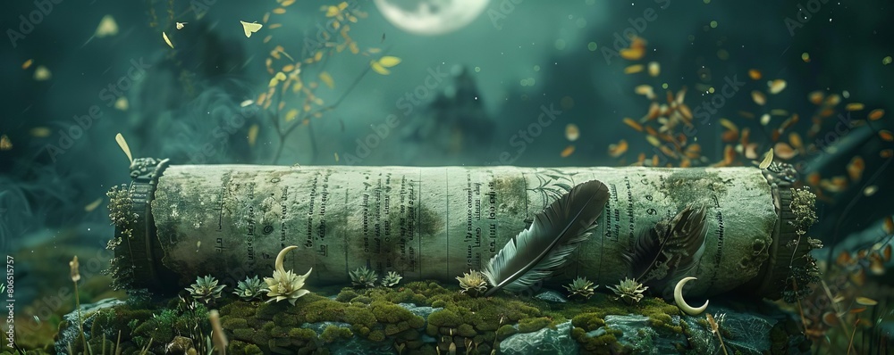 Naklejka premium An ancient scroll adorned with feathers and crescent moons, set on a mossy stone altar under the moon