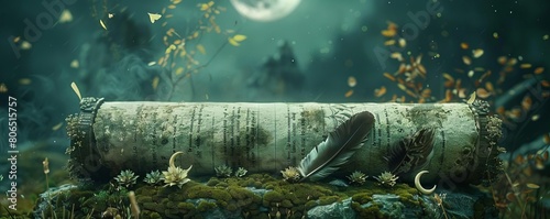 An ancient scroll adorned with feathers and crescent moons, set on a mossy stone altar under the moon photo